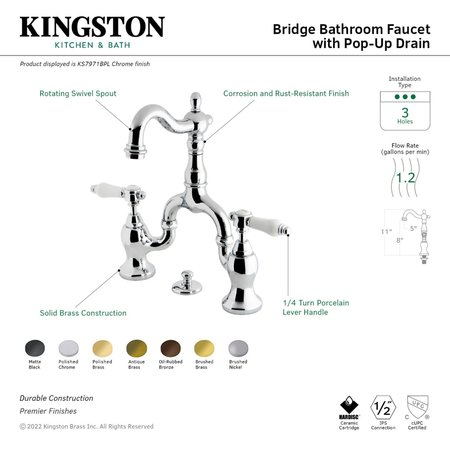 Kingston Brass Bridge Bathroom Faucet with Brass PopUp, Matte Black KS7970BPL